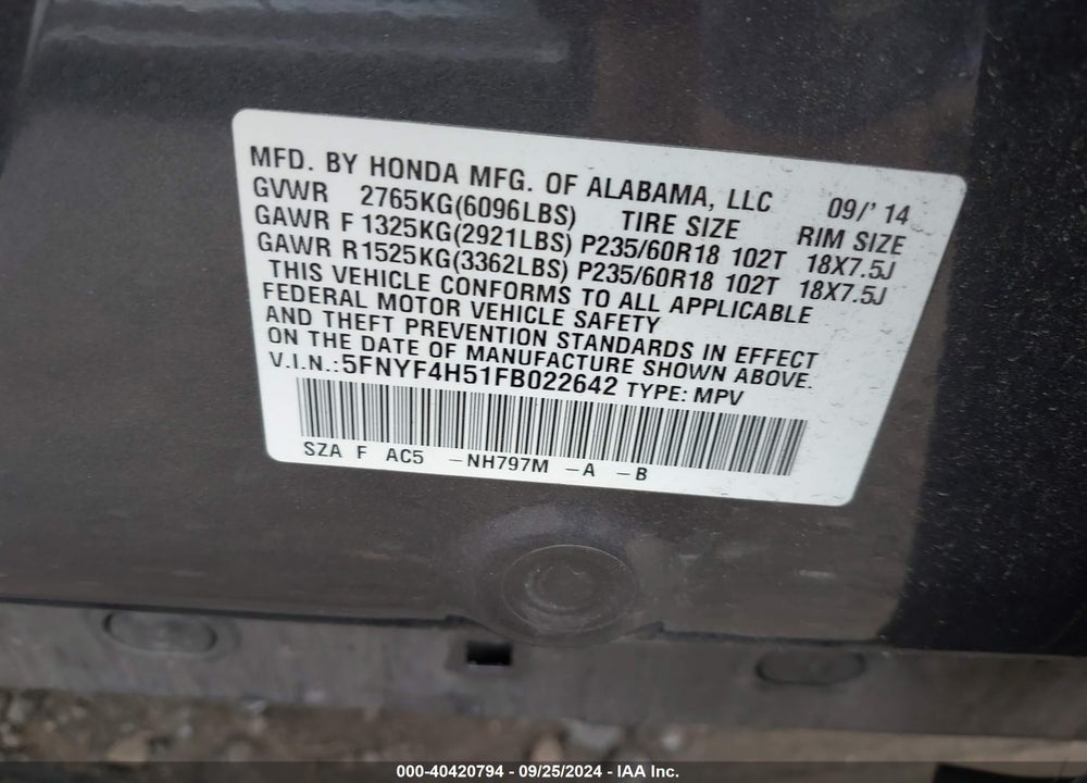 2015 HONDA PILOT EX-L VIN: 5FNYF4H51FB022642