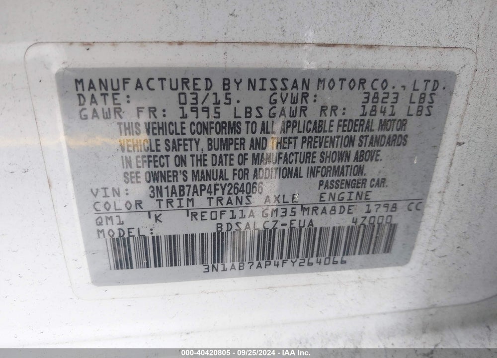 2015 NISSAN SENTRA S VIN: 3N1AB7AP4FY264066
