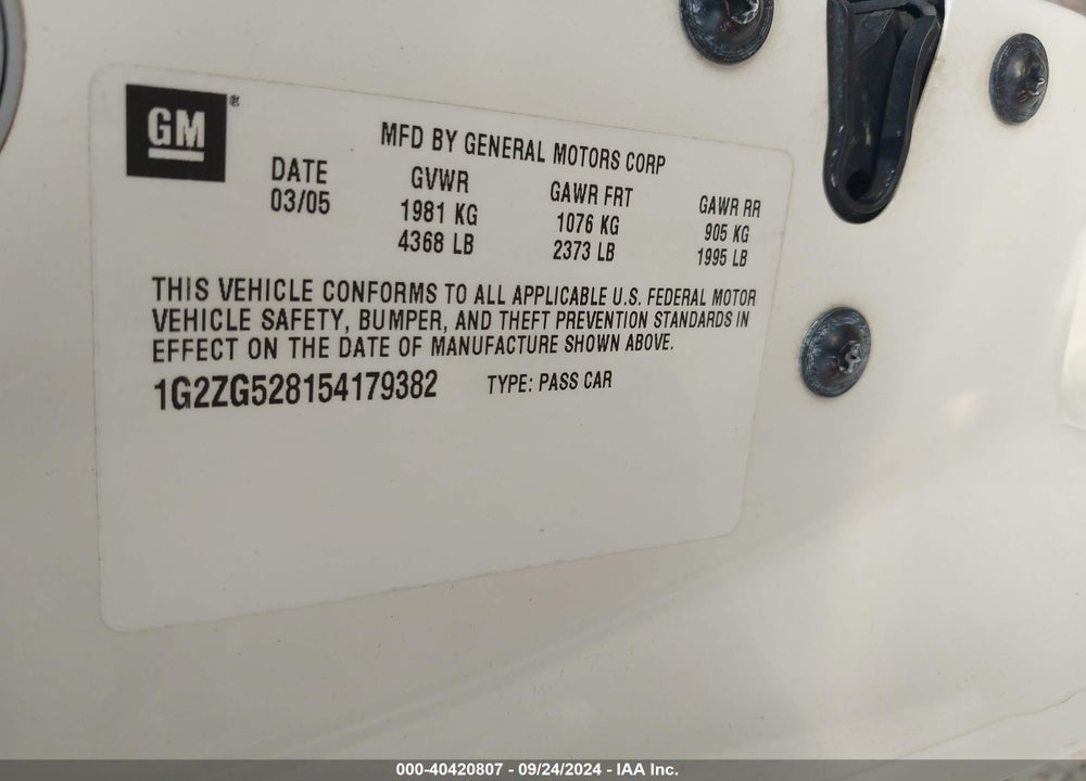 2005 PONTIAC G6 VIN: 1G2ZG528154179382