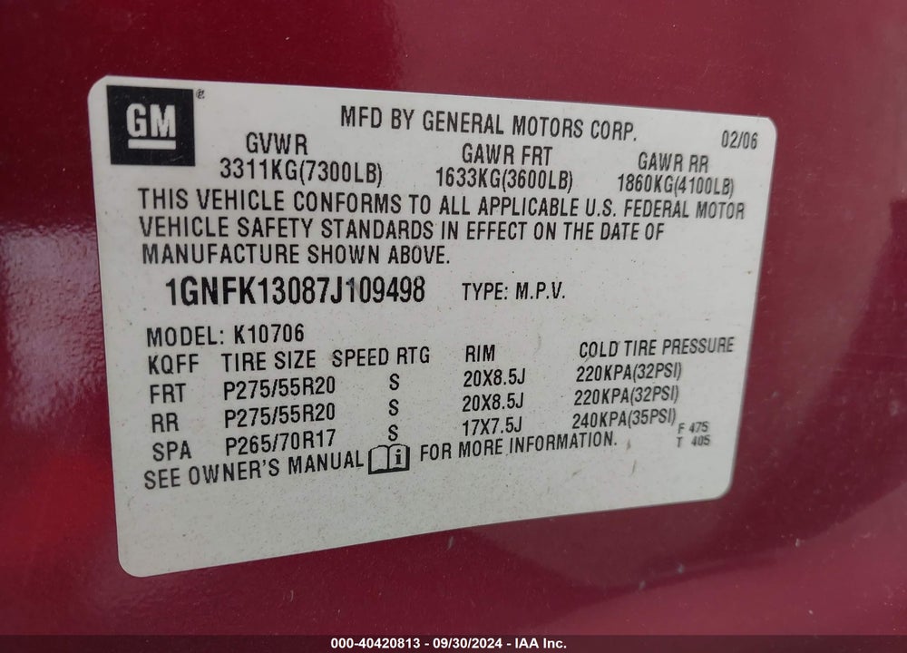 2007 CHEVROLET TAHOE LTZ VIN: 1GNFK13087J109498