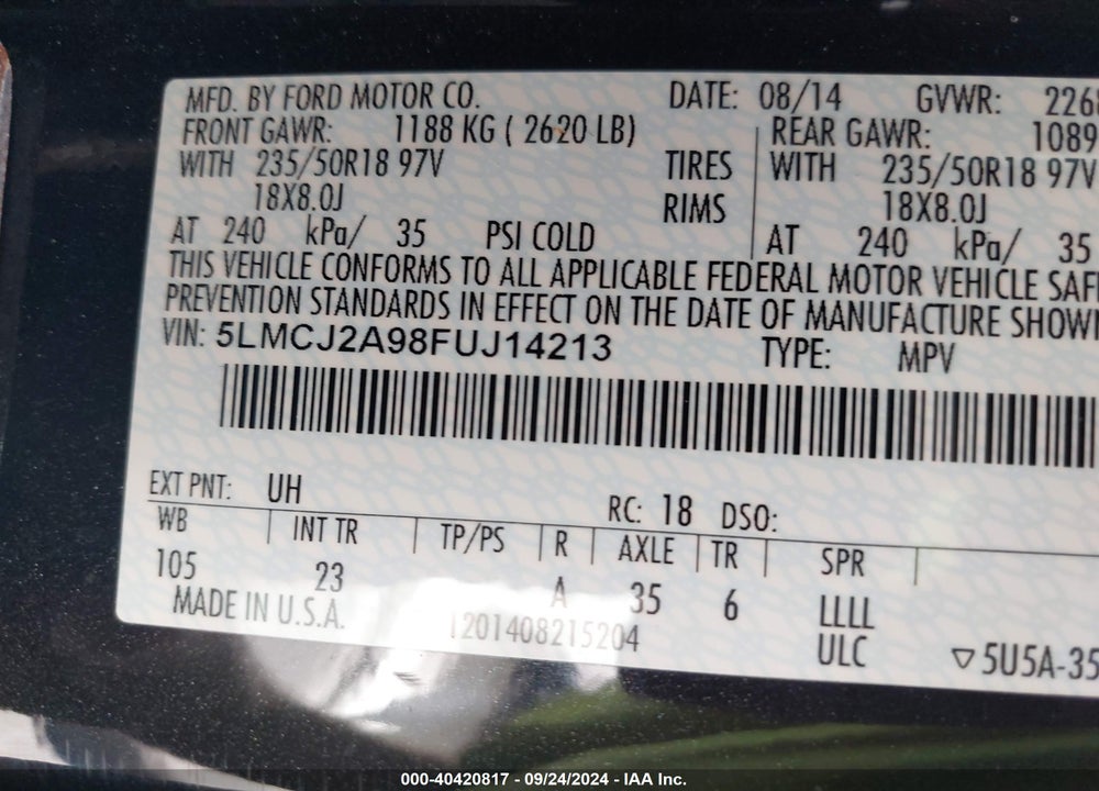 2015 LINCOLN MKC VIN: 5LMCJ2A98FUJ14213