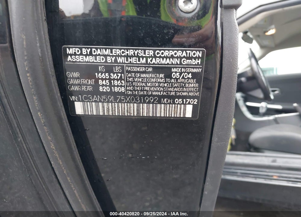 2005 CHRYSLER CROSSFIRE VIN: 1C3AN59L75X031992