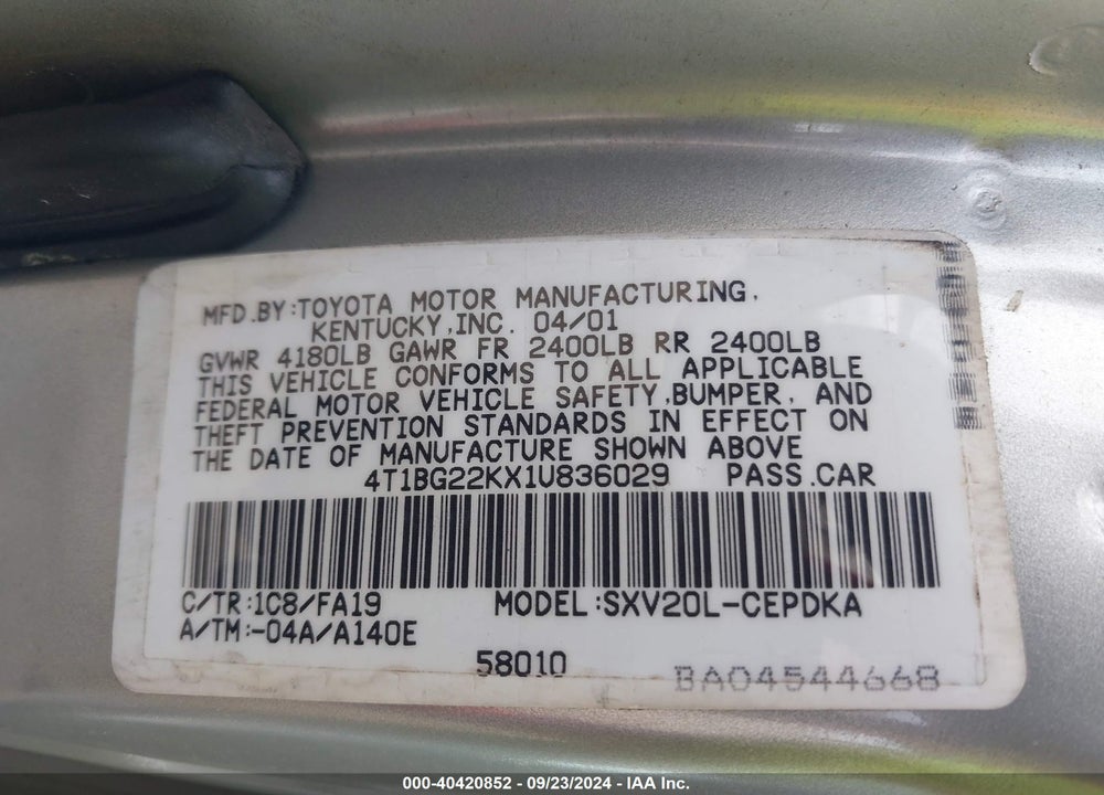 2001 TOYOTA CAMRY CE VIN: 4T1BG22KX1U836029