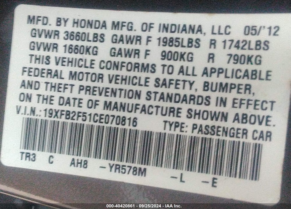 2012 HONDA CIVIC LX VIN: 19XFB2F51CE070816