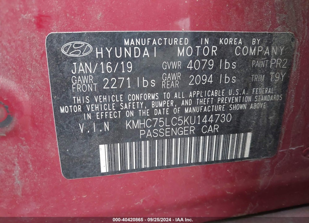 2019 HYUNDAI IONIQ HYBRID SEL VIN: KMHC75LC5KU144730