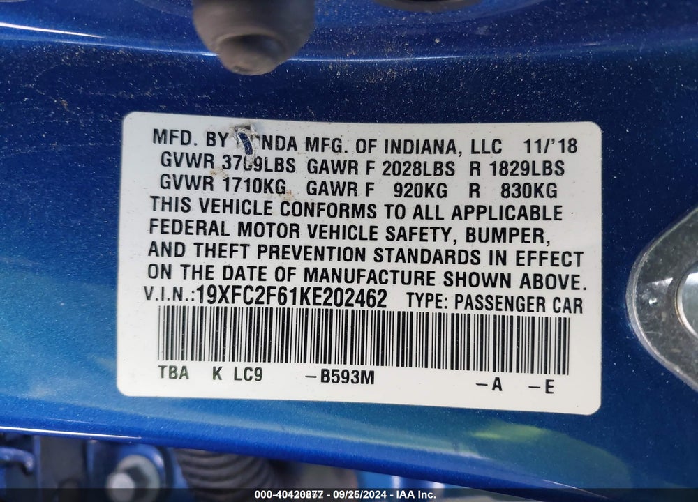 2019 HONDA CIVIC VIN: 19XFC2F61KE202462