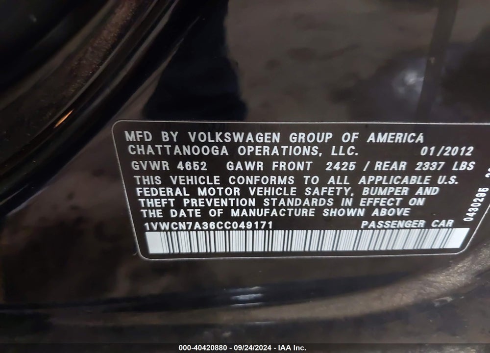 2012 VOLKSWAGEN PASSAT 2.0L TDI SEL PREMIUM VIN: 1VWCN7A36CC049171