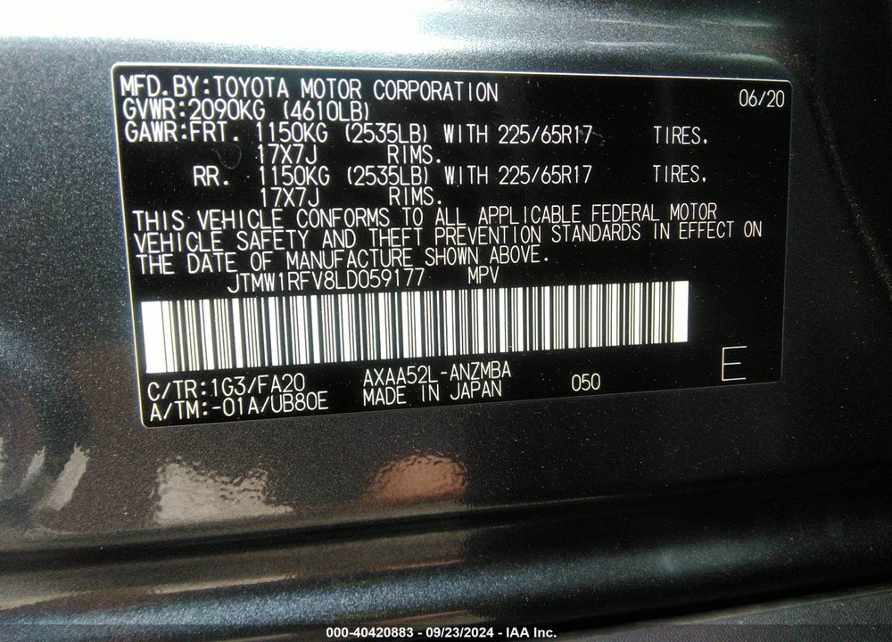 2020 TOYOTA RAV4 XLE VIN: JTMW1RFV8LD059177