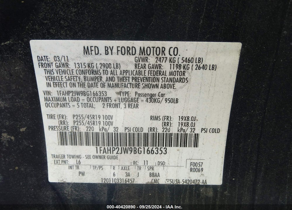 2011 FORD TAURUS LIMITED VIN: 1FAHP2JW9BG166353