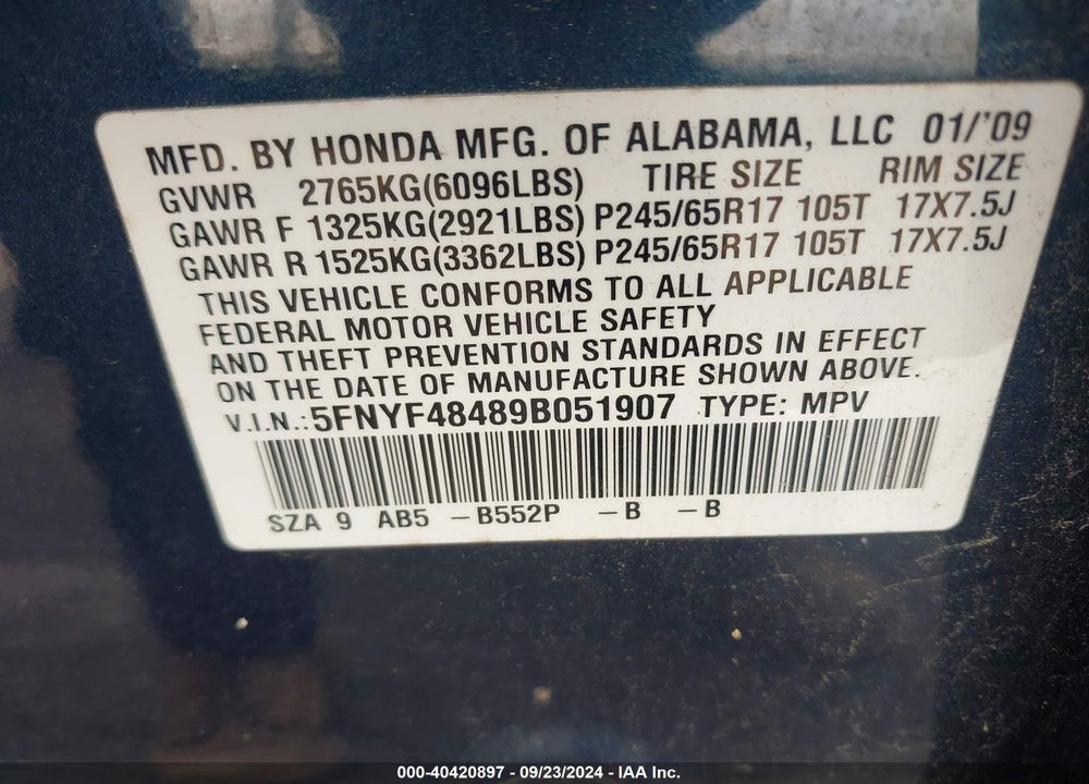 2009 HONDA PILOT EX VIN: 5FNYF48489B051907
