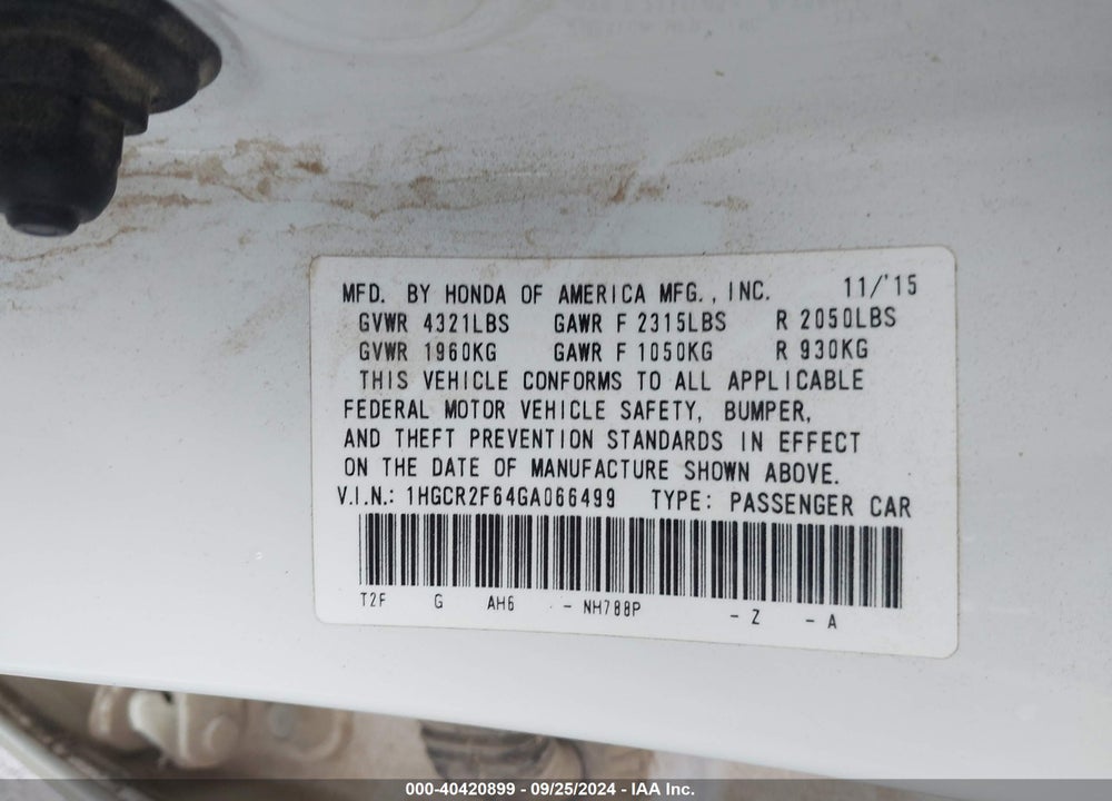 2016 HONDA ACCORD SPORT VIN: 1HGCR2F64GA066499
