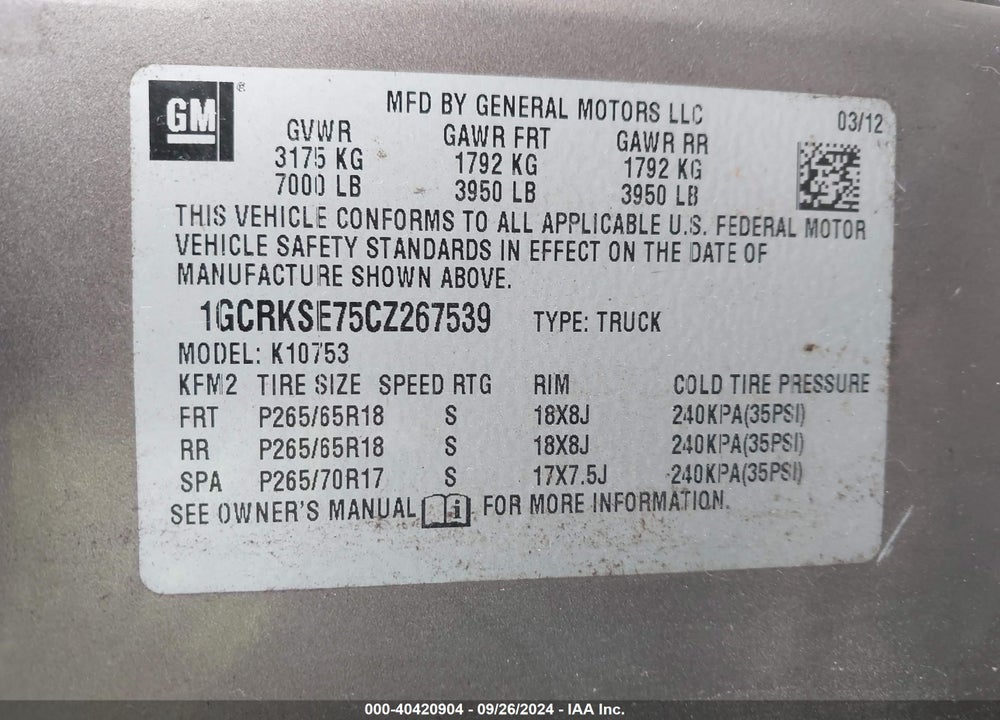 2012 CHEVROLET SILVERADO 1500 LT VIN: 1GCRKSE75CZ267539