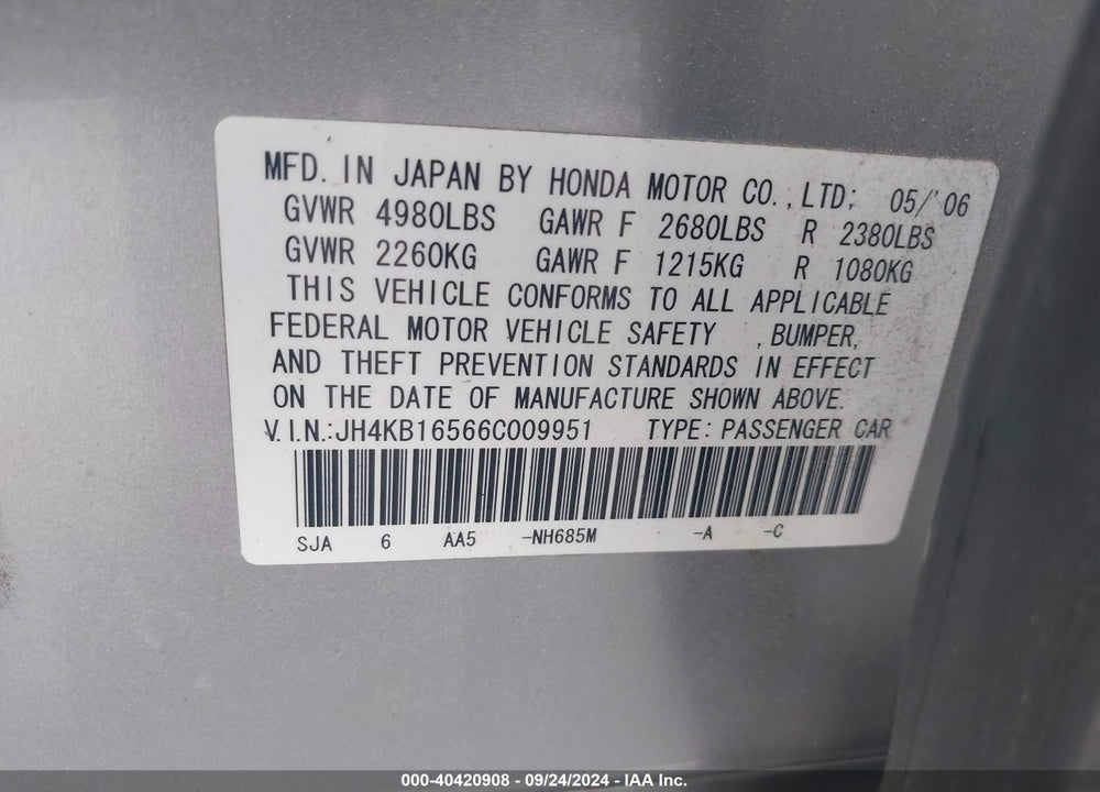2006 ACURA RL 3.5 VIN: JH4KB16566C009951