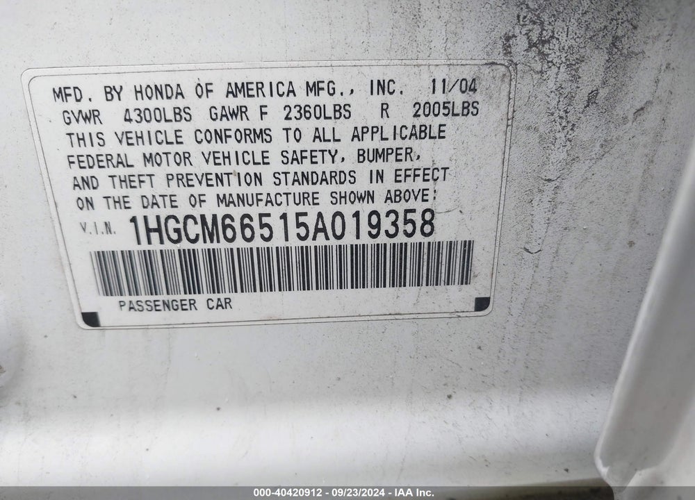2005 HONDA ACCORD 3.0 EX VIN: 1HGCM66515A019358