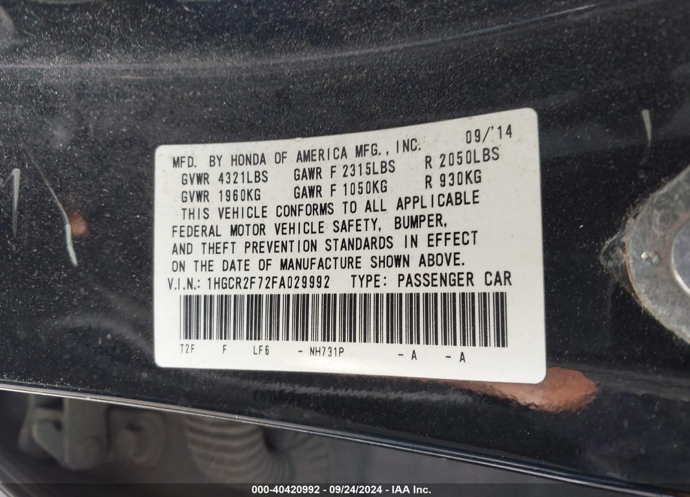 2015 HONDA ACCORD EX VIN: 1HGCR2F72FA029992