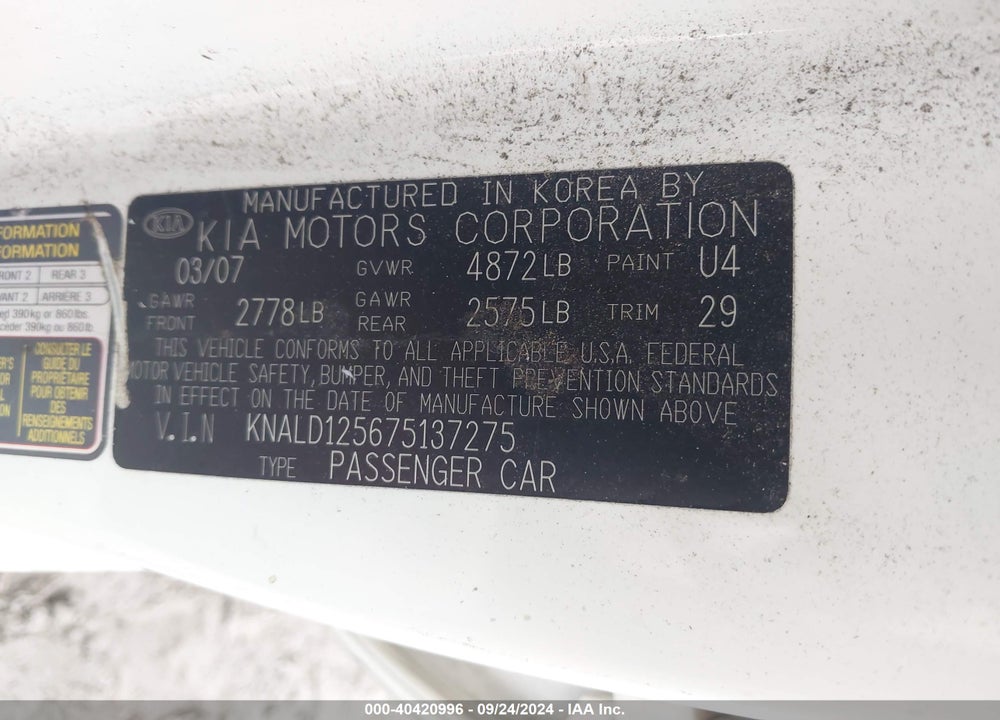 2007 KIA AMANTI VIN: KNALD125675137275