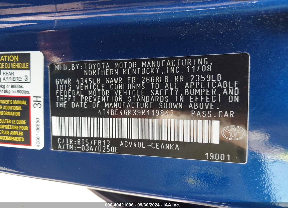 2009 TOYOTA CAMRY VIN: 4T4BE46K39R119842