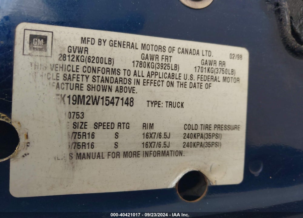 1998 GMC SIERRA 1500 SL WIDESIDE VIN: 2GTEK19M2W1547148