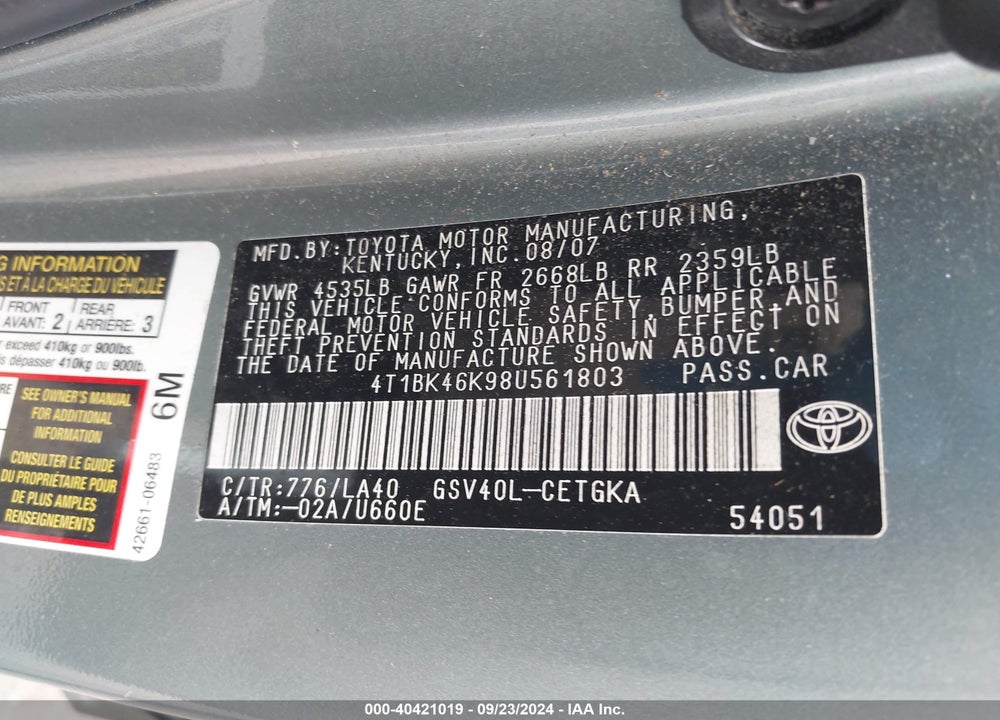 2008 TOYOTA CAMRY XLE V6 VIN: 4T1BK46K98U561803