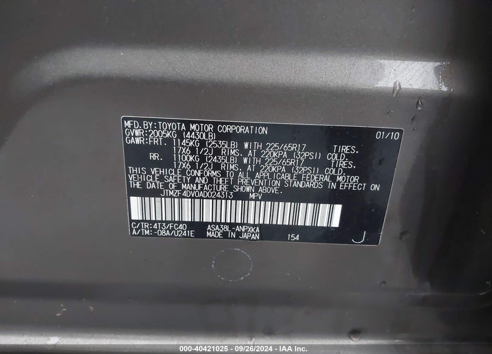 2010 TOYOTA RAV4 VIN: JTMZF4DV0AD024313