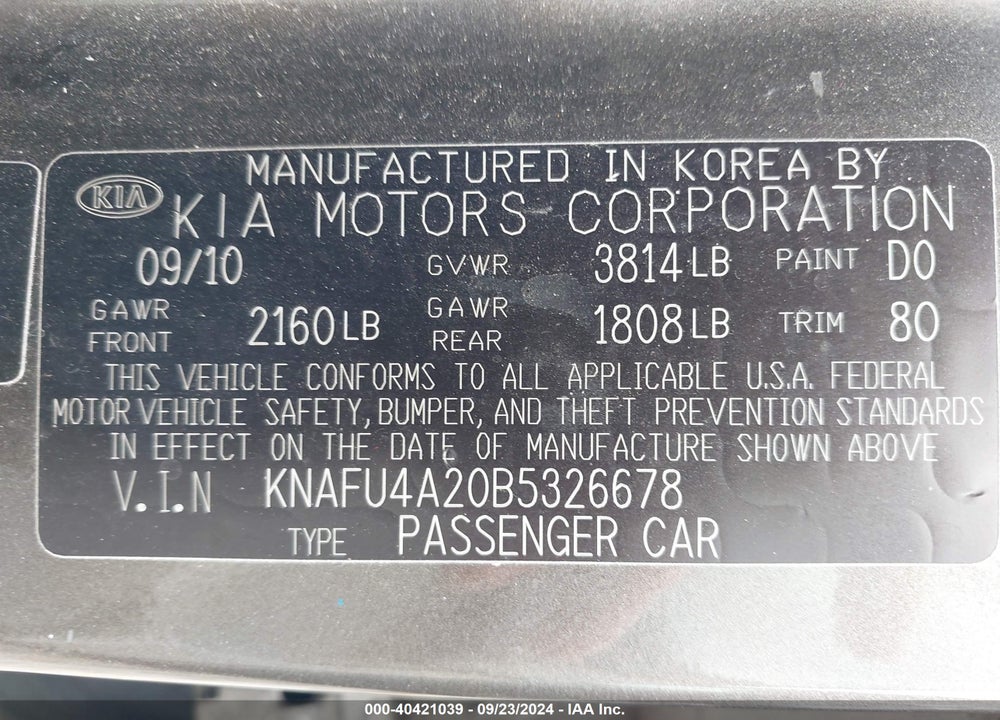 2011 KIA FORTE EX VIN: KNAFU4A20B5326678