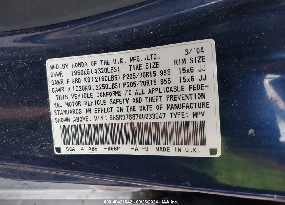 2004 HONDA CR-V EX VIN: SHSRD78874U233047