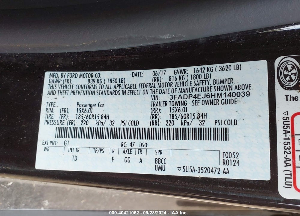 2017 FORD FIESTA SE VIN: 3FADP4EJ6HM140039