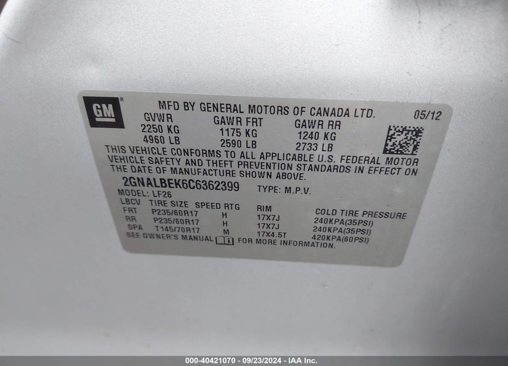 2012 CHEVROLET EQUINOX LS VIN: 2GNALBEK6C6362399