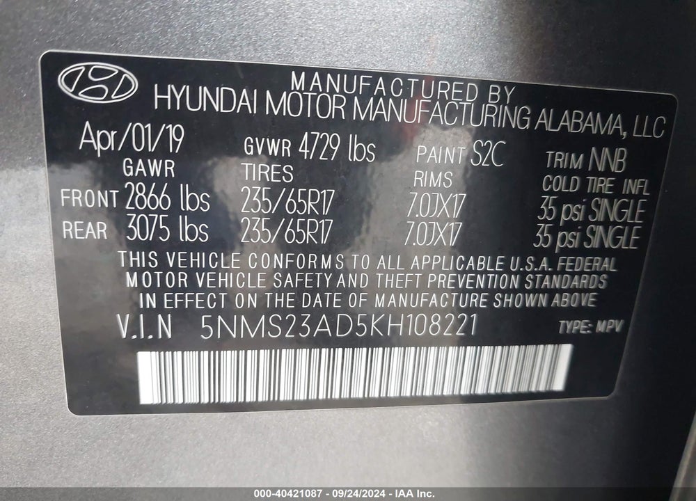 2019 HYUNDAI SANTA FE SE VIN: 5NMS23AD5KH108221