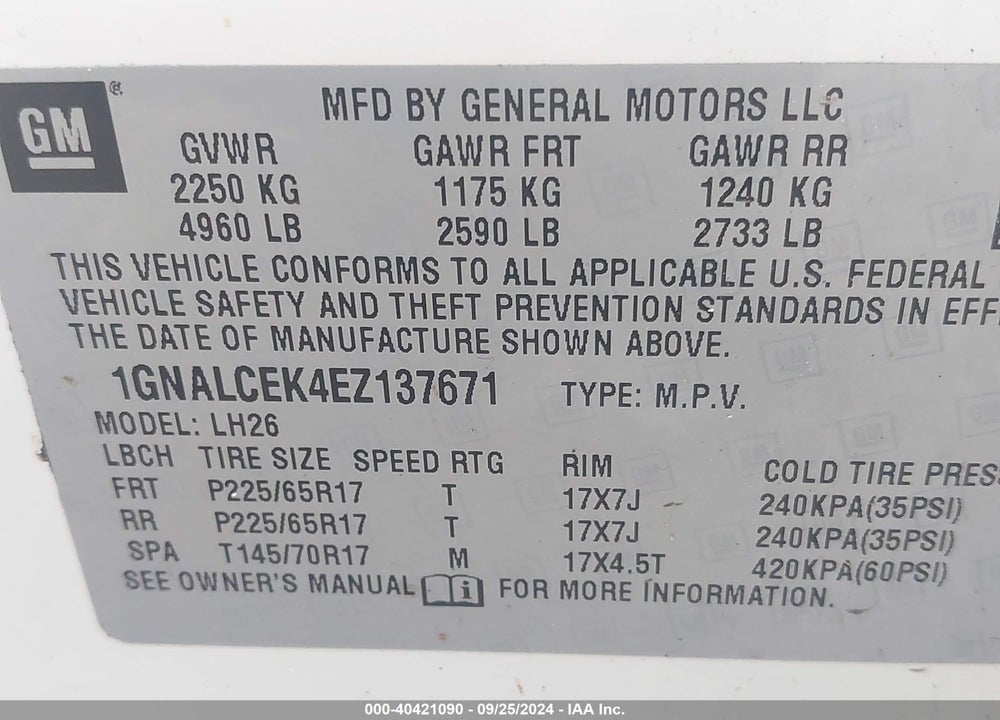 2014 CHEVROLET EQUINOX 2LT VIN: 1GNALCEK4EZ137671