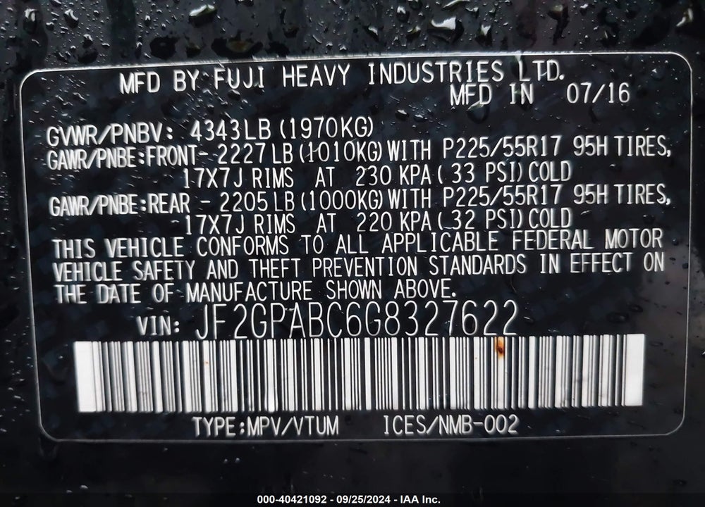 2016 SUBARU CROSSTREK 2.0I PREMIUM VIN: JF2GPABC6G8327622