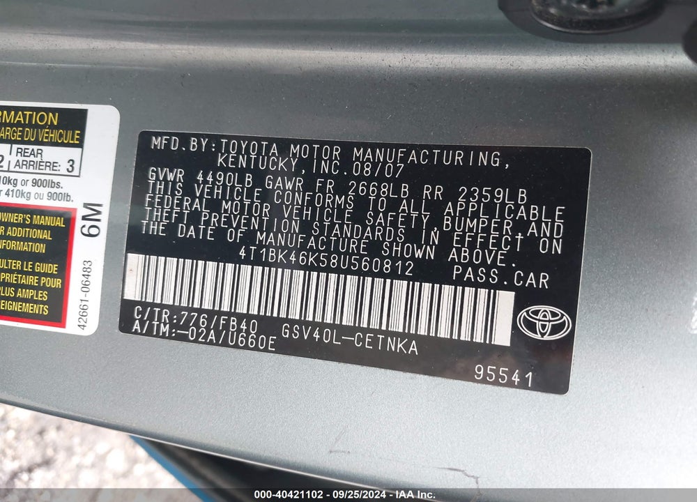 2008 TOYOTA CAMRY LE V6 VIN: 4T1BK46K58U560812