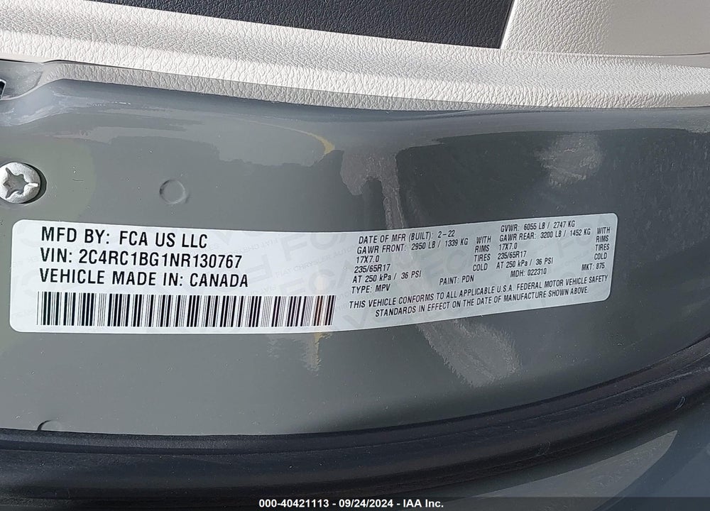 2022 CHRYSLER PACIFICA TOURING L VIN: 2C4RC1BG1NR130767
