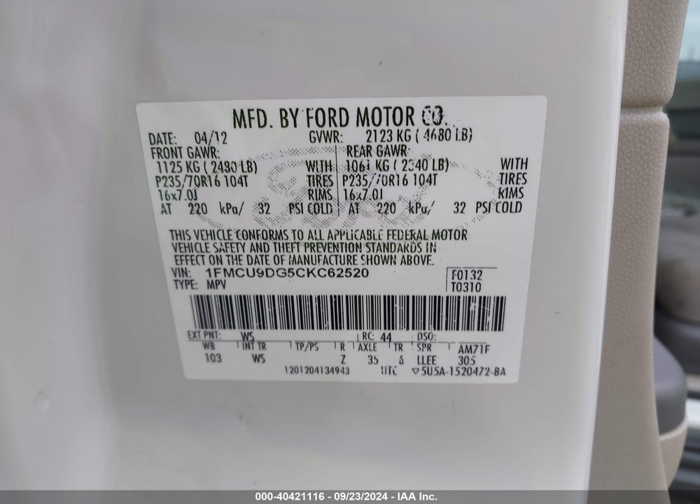 2012 FORD ESCAPE XLT VIN: 1FMCU9DG5CKC62520