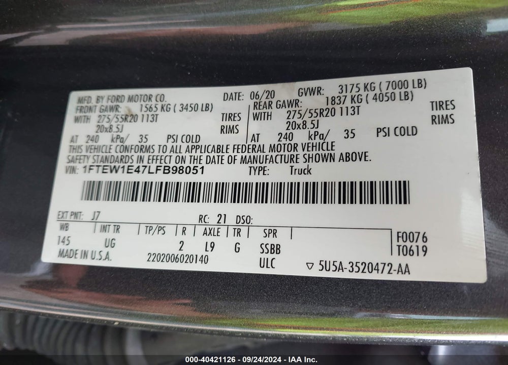 2020 FORD F-150 XLT VIN: 1FTEW1E47LFB98051