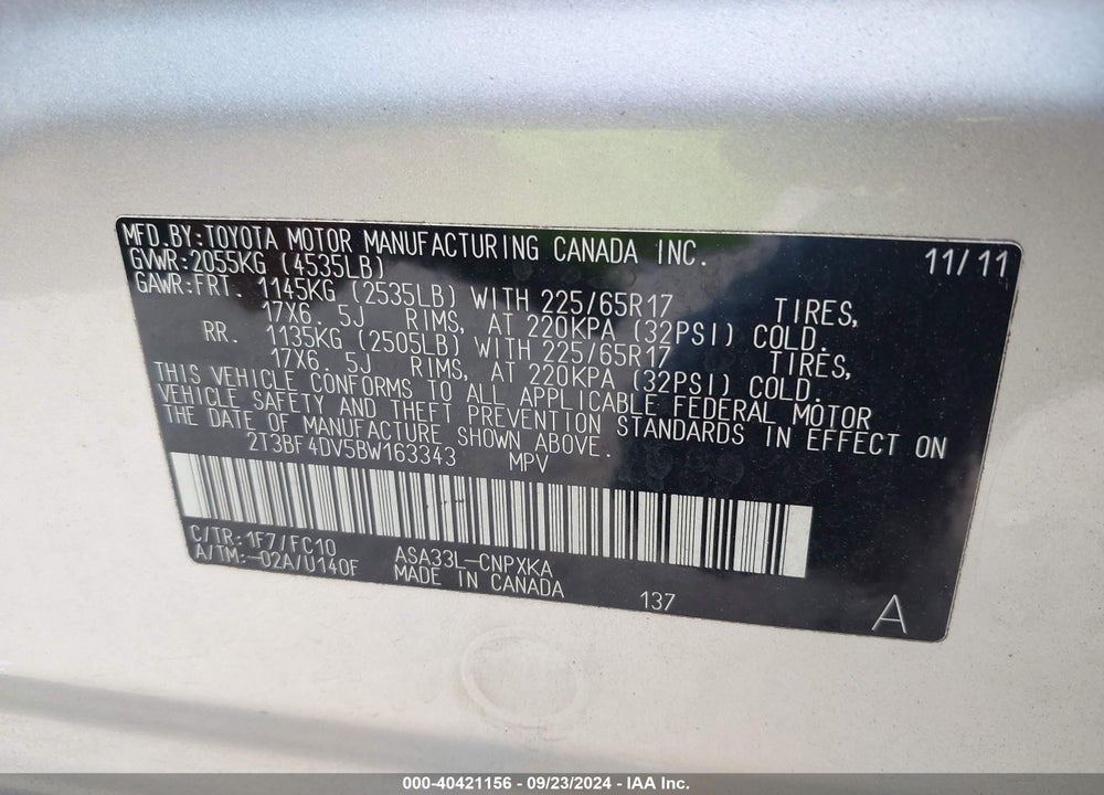 2011 TOYOTA RAV4 VIN: 2T3BF4DV5BW163343