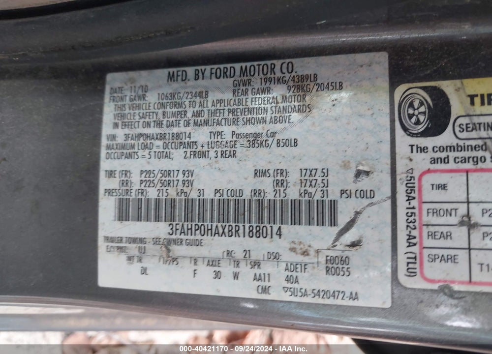 2011 FORD FUSION SE VIN: 3FAHP0HAXBR188014