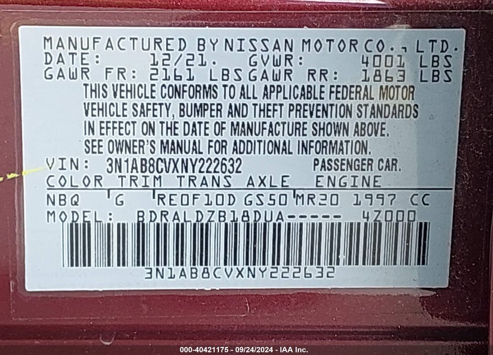 2022 NISSAN SENTRA SV XTRONIC CVT VIN: 3N1AB8CVXNY222632