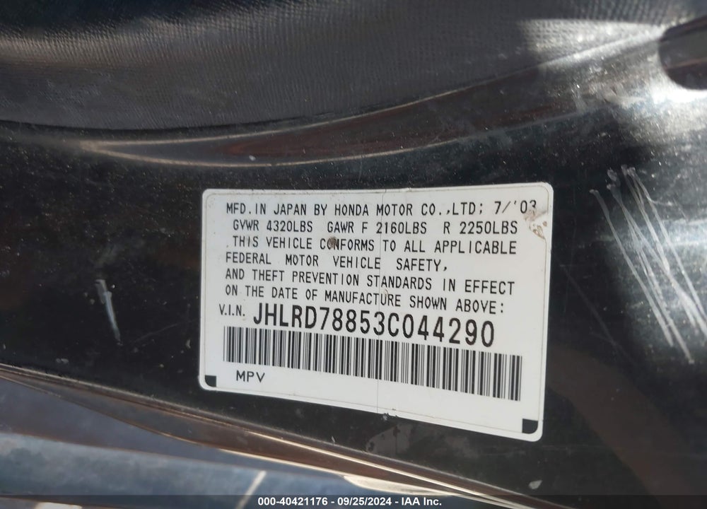 2003 HONDA CR-V EX VIN: JHLRD78853C044290