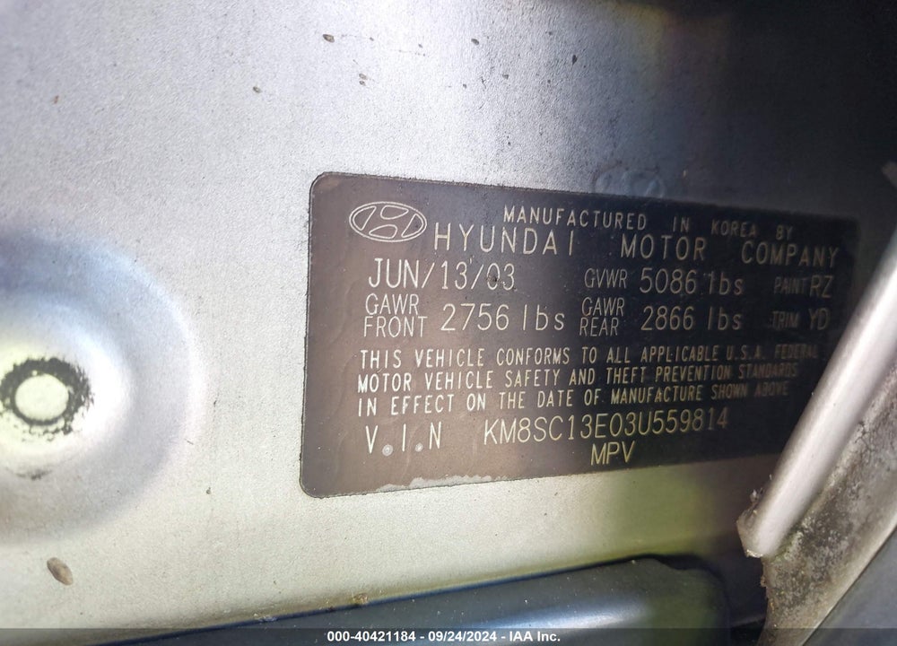 2003 HYUNDAI SANTA FE GLS/LX VIN: KM8SC13E03U559814
