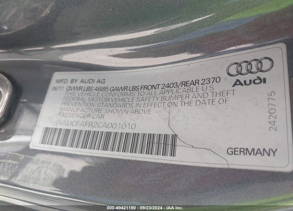 2012 AUDI A5 2.0T PREMIUM VIN: WAUCFAFR2CA001010