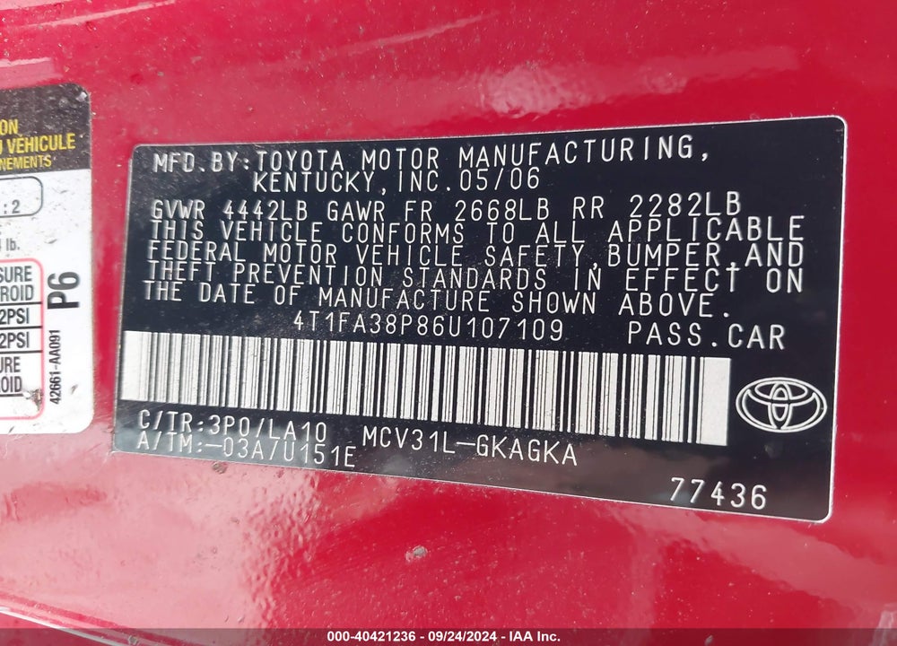 2006 TOYOTA CAMRY SOLARA SLE VIN: 4T1FA38P86U107109