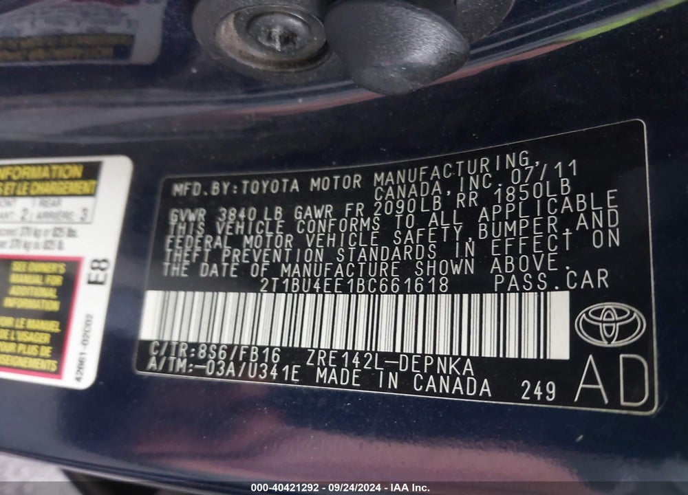 2011 TOYOTA COROLLA LE VIN: 2T1BU4EE1BC661618