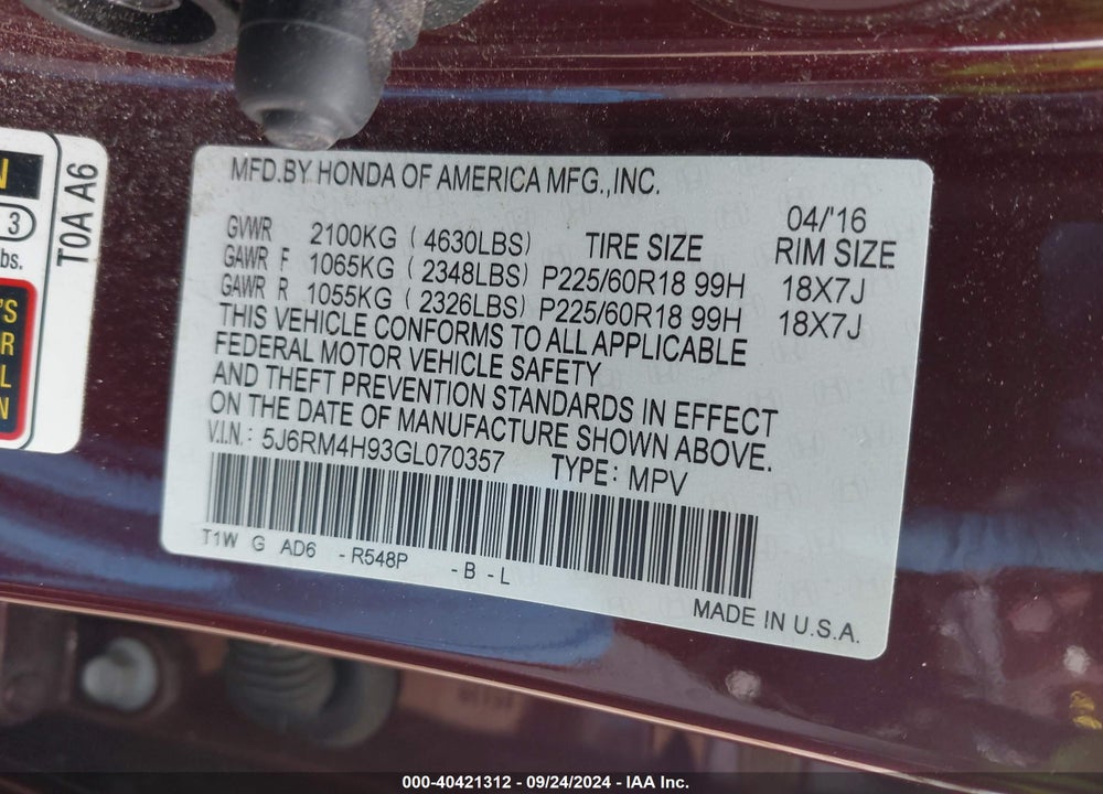 2016 HONDA CR-V TOURING VIN: 5J6RM4H93GL070357