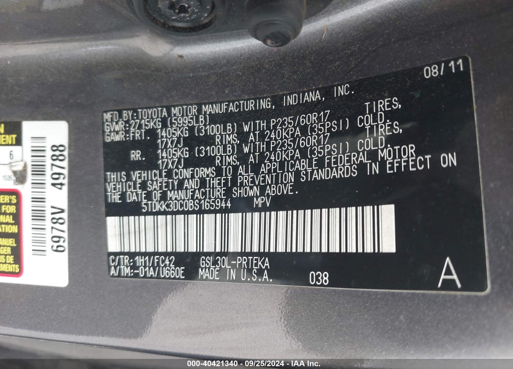 2011 TOYOTA SIENNA LE V6 VIN: 5TDKK3DC0BS165944