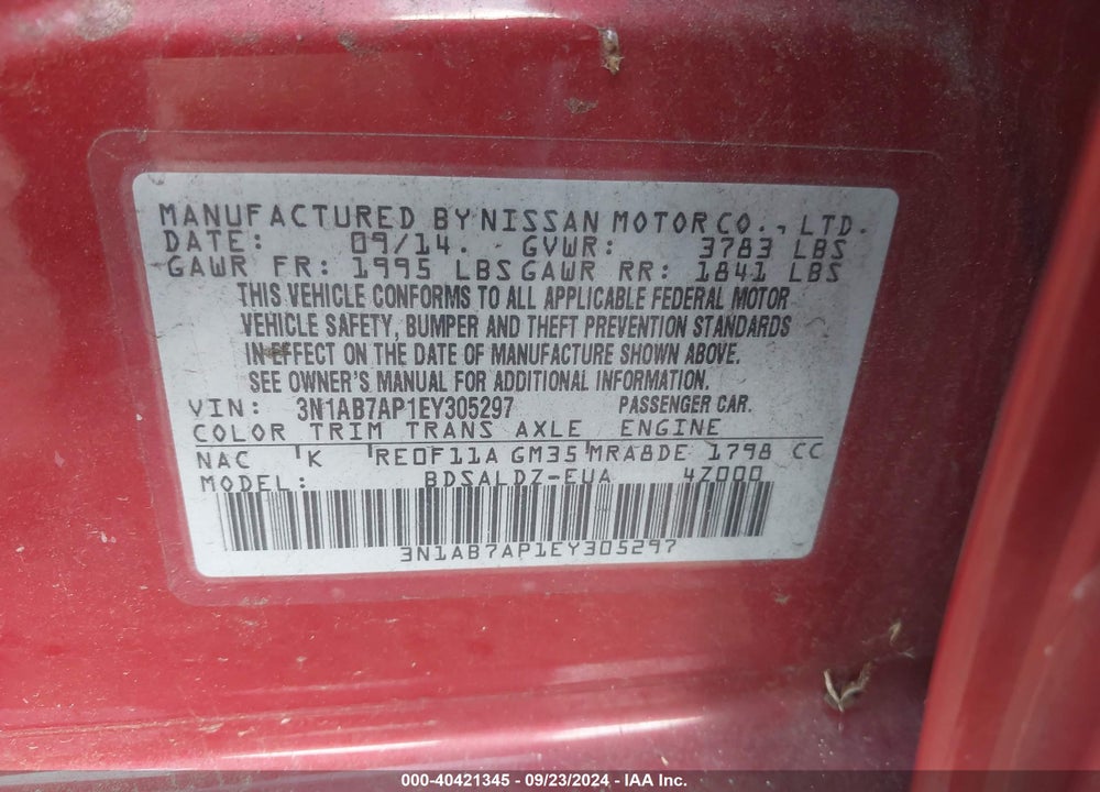 2014 NISSAN SENTRA SV VIN: 3N1AB7AP1EY305297