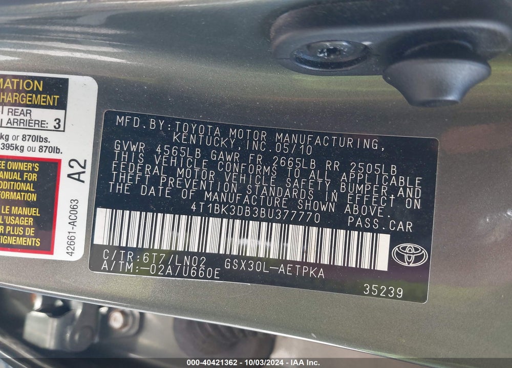2011 TOYOTA AVALON LIMITED VIN: 4T1BK3DB3BU377770