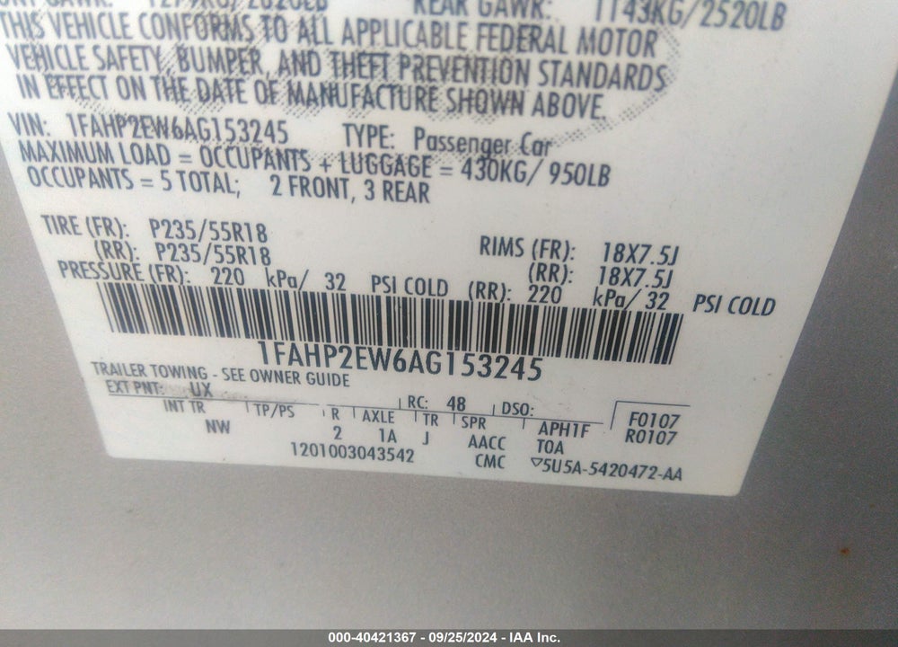 2010 FORD TAURUS SEL VIN: 1FAHP2EW6AG153245