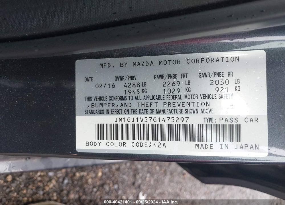 2016 MAZDA 6 I TOURING VIN: JM1GJ1V57G1475297