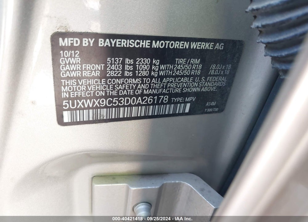 2013 BMW X3 XDRIVE28I VIN: 5UXWX9C53D0A26178